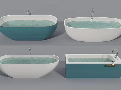 Modern Blue And White Oval Freestanding And Rectangular Built in Bathtubs With Faucets And Water 3d model