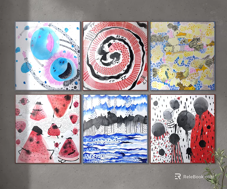 Diverse Abstract Paintings with Vibrant Colors Geometric Patterns Dot and Swirl Elements 3d model 