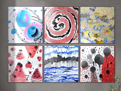 Diverse Abstract Paintings with Vibrant Colors Geometric Patterns Dot and Swirl Elements 3d model