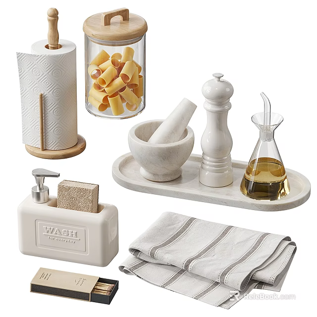 Elegant Bathroom Set With Toilet Paper Roll Cotton Jar Mortar Pestle Soap Dispenser Sponge And Towel 3d model 