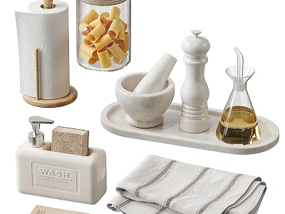 Elegant Bathroom Set With Toilet Paper Roll Cotton Jar Mortar Pestle Soap Dispenser Sponge And Towel 3d model