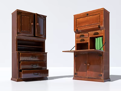 Wooden Storage Cabinets Featuring Drawers Open Shelves Foldable Tabletop and Cabinet Doors 3d model