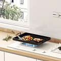 Modern Kitchen Interior With Black Grill Pan Steak And Vegetables On White Cooktop Wooden Countertop