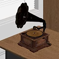 Vintage Gramophone with Horn on Wooden Table Near Window with Venetian Blinds