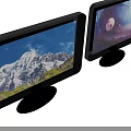 Dual Computer Monitors Displaying Mountain Landscape And Starry Sky With Planet