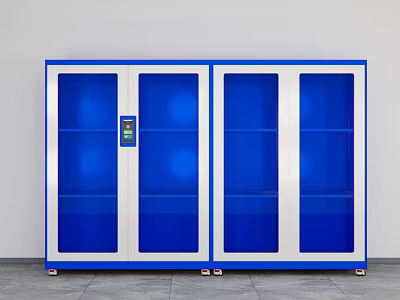 Modern Blue Locker with Double Glass Doors Digital Display and White Frame on Gray Floor 3d model