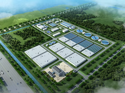 Aerial View of Industrial Factory Complex With Multiple Buildings Greenery Roads and Circular Ponds 3d model
