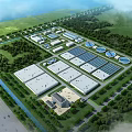 Aerial View of Industrial Factory Complex With Multiple Buildings Greenery Roads and Circular Ponds