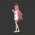 Anime Style Magical Character With Pink Long Hair Golden Halo White Coat Holding Mechanical Weapon