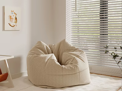 Beige Bean Bag Chair In Bright Room With Window Blinds Small Table Wall Art And Plant 3d model