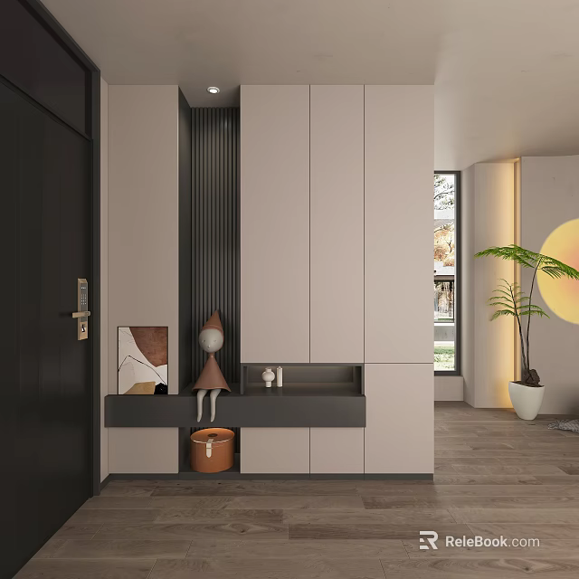 Modern Entryway Hallway Interior With White Cabinets Black Door Decorative Plant And Wooden Floor 3d model 