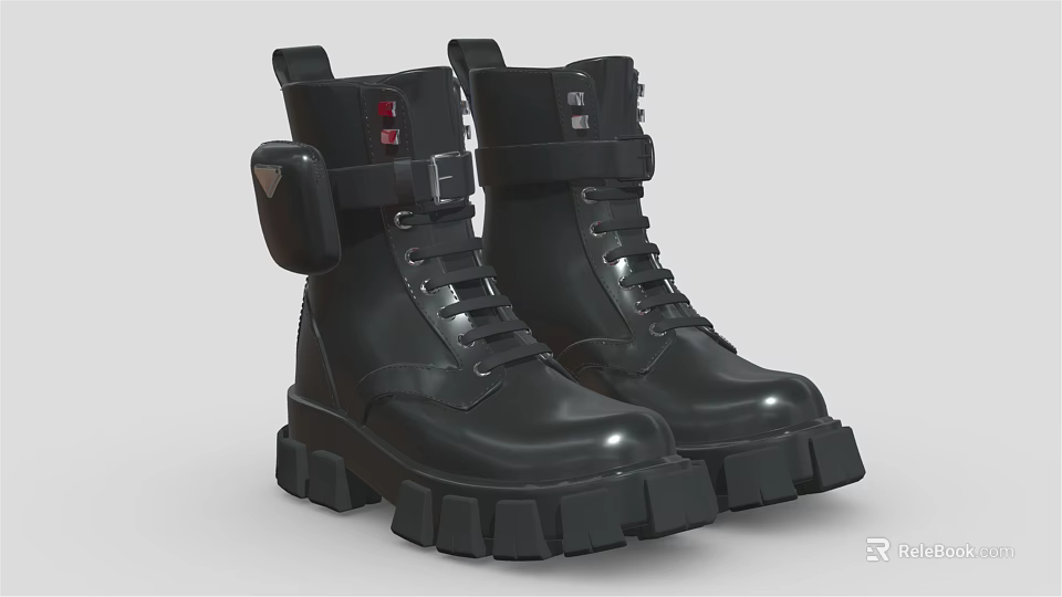 Black Leather Chunky Sole Lace Up Boots With Decorative Straps And Buckles 3d model 