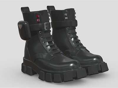 Black Leather Chunky Sole Lace Up Boots With Decorative Straps And Buckles 3d model