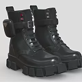 Black Leather Chunky Sole Lace Up Boots With Decorative Straps And Buckles
