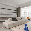Modern Living and Dining Room Interior With Light Gray Sofa Blue Decor And Green Plants