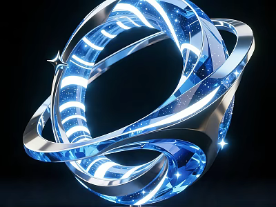 Modern Landscape Sculpture With Intertwined Metallic Rings And Blue Illuminated Lights 3d model