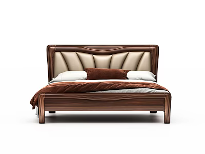 Double Bed With Wooden Frame And Upholstered Headboard Brown Beige Pillows And Blanket 3d model