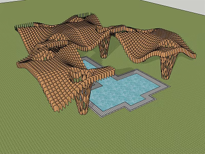 Wooden Pergola with Intricate Grid Design and Pool Below Connected Sections 3d model
