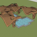 Wooden Pergola with Intricate Grid Design and Pool Below Connected Sections