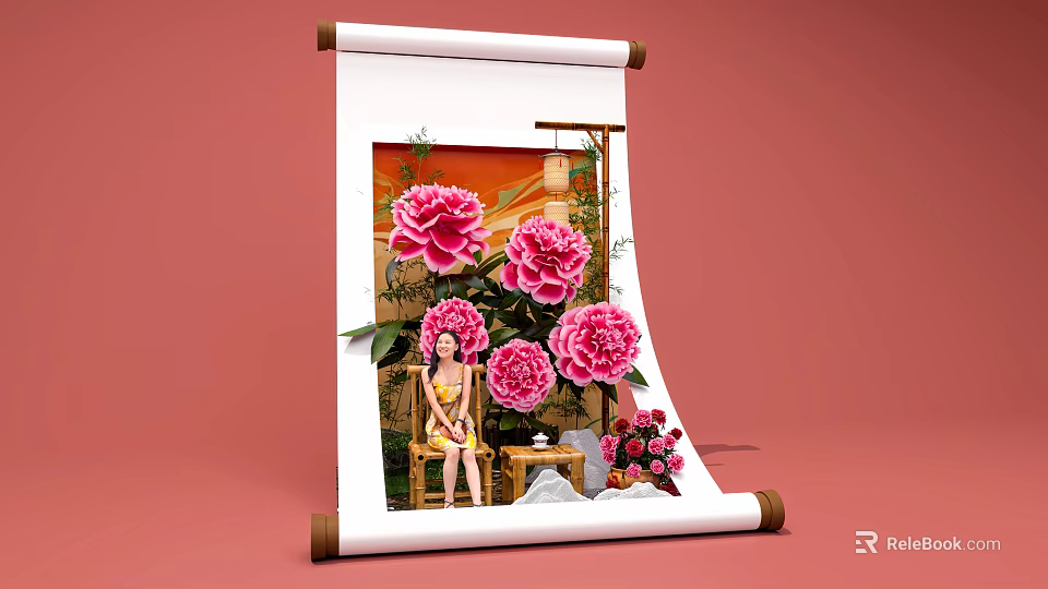 Charming Photo Check In Spot With Pink Peonies Scroll And Girl Sitting 3d model 