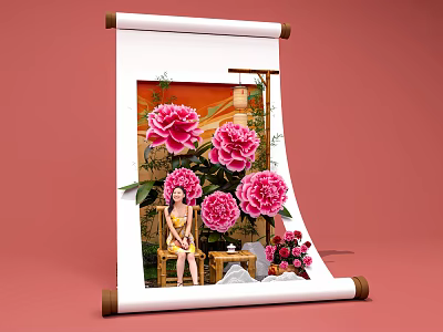 Charming Photo Check In Spot With Pink Peonies Scroll And Girl Sitting 3d model