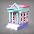 Cartoon Style Bank Building With Pink Light Blue And Purple Colors Columns And Steps
