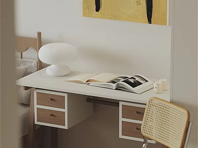 White Desk With Wooden Drawers Open Book White Lamp And Wicker Chair 3d model