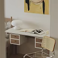 White Desk With Wooden Drawers Open Book White Lamp And Wicker Chair