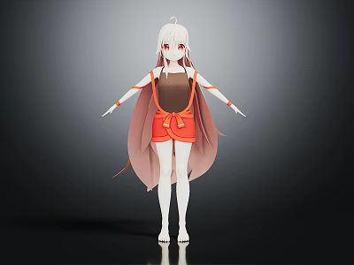 Anime Character With White Hair Red Eyes And Orange Outfit Standing Near Creature 3d model