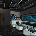Modern Luxury KTV Interior With Blue Lighting Large Screens Sofas Marble Flooring And Circular Decorations