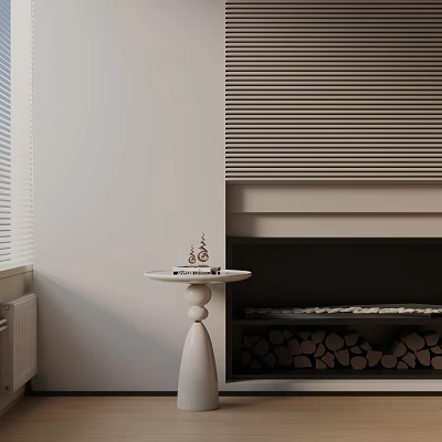 Modern White Side Table With Decorations Next To Fireplace And Firewood 3d model