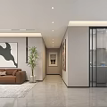 Modern Living and Dining Room with Brown Sofa Gray Rug Green Plant and Decorative Art