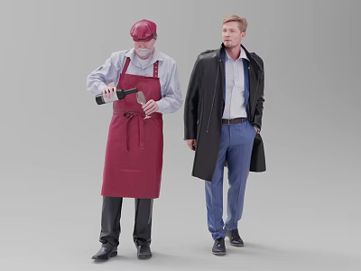 Two Men One in Red Apron Cap Opening Bottle and Another in Black Coat Blue Pants Standing 3d model