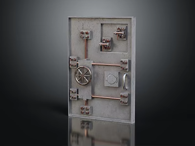 Vintage Metal Safe Door Design With Combination Dial Latches And Metal Bars 3d model