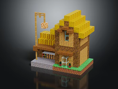 Pixel Style Wooden House With Yellow Roof Balcony Street Lamp And Green Grass 3d model