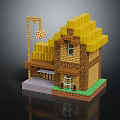 Pixel Style Wooden House With Yellow Roof Balcony Street Lamp And Green Grass