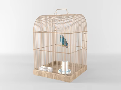 Light Brown Birdcage With Blue Bird Wooden Base Water Bowl And Food Tray 3d model