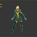 Futuristic Game Movie Character In Yellow Black Armor With White Hair And Red Facial Features Standing