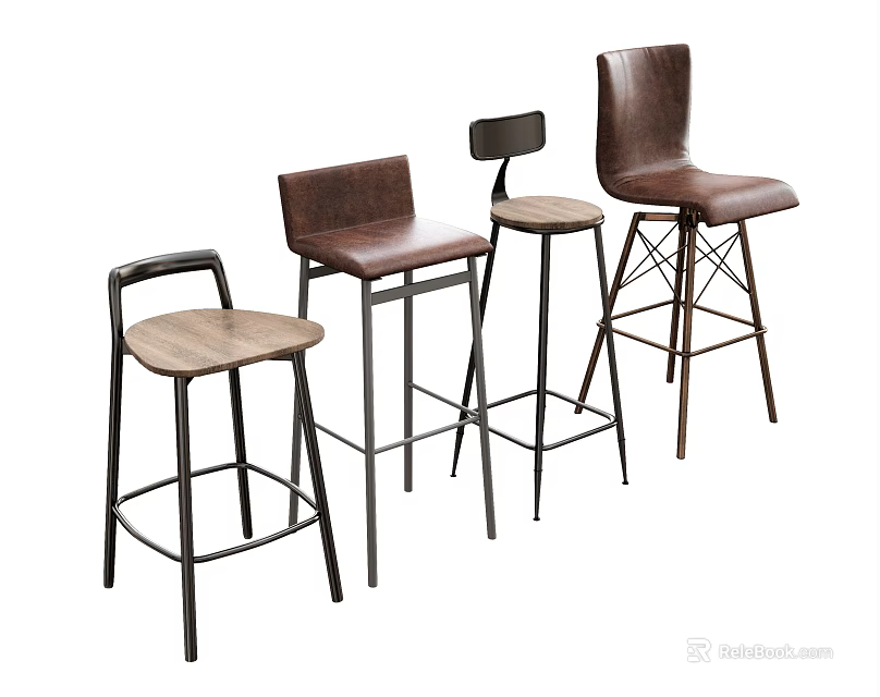 Stylish Bar Stools With Leather And Wooden Seats And Metal Legs In Various Designs 3d model 