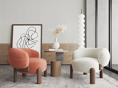 Modern Leisure Sofa Set With Orange And White Chairs Wooden Legs Small Round Table 3d model