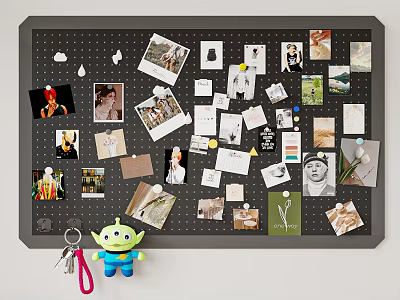 Black Pegboard Photo Wall With Various Photos Cards And Blue Alien Doll Keychain 3d model