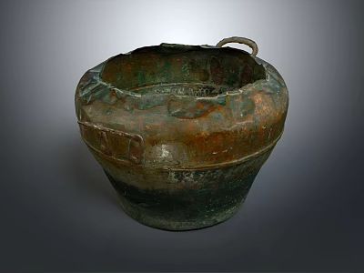 Antique Round Bronze Container With Worn Surface And Rustic Patina Handle 3d model