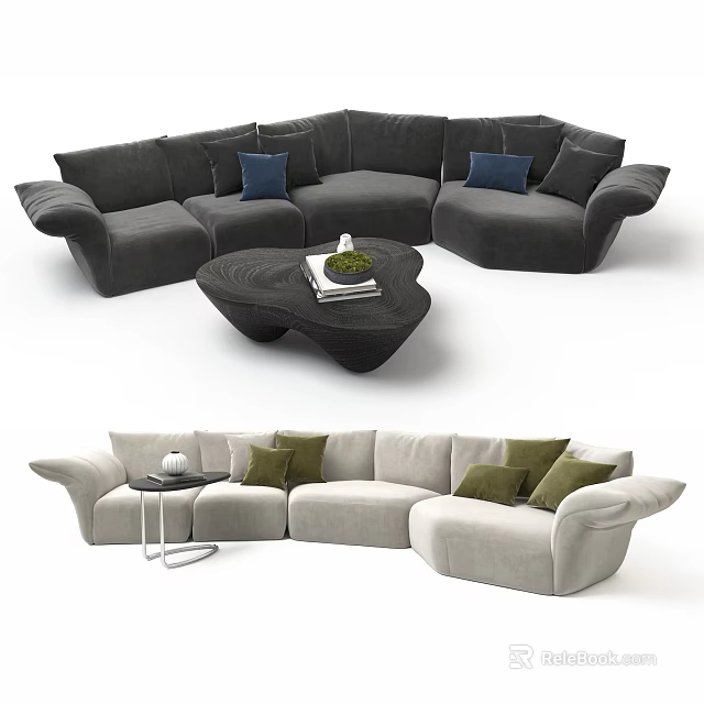 Dark Gray And Light Beige Sectional Sofa With Blue Green Cushions And Black Coffee Table 3d model 
