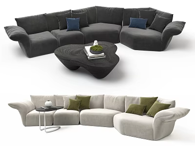 Dark Gray And Light Beige Sectional Sofa With Blue Green Cushions And Black Coffee Table 3d model