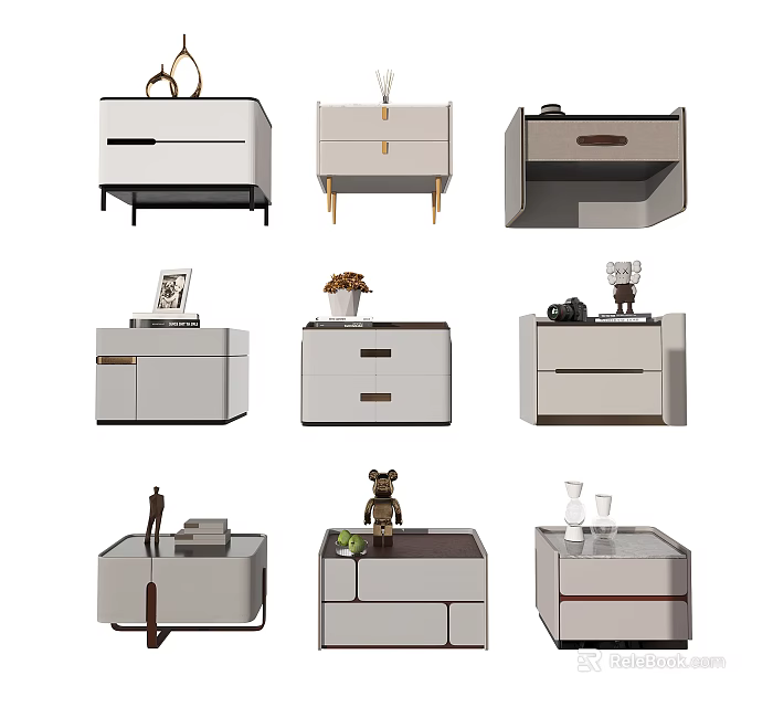 Modern Style Bedside Tables with Drawers Metal Legs and Decorative Items 3d model 