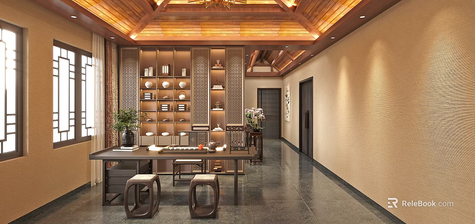 Traditional Tea Room Interior Featuring Wooden Ceiling Shelves Tea Sets Long Table Stools And Plants 3d model 