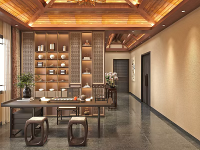 Traditional Tea Room Interior Featuring Wooden Ceiling Shelves Tea Sets Long Table Stools And Plants 3d model