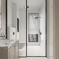 Modern Bathroom Interior With Glass Shower Door Wall Mounted Toilet And Vanity Cabinet