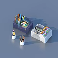 Office Supplies Organizers With Transparent Purple Box White Mesh Container Calculator And Colored Markers