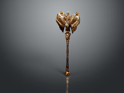 Ornate Golden Hardware Axe With Intricate Wing Design And Carved Handle 3d model